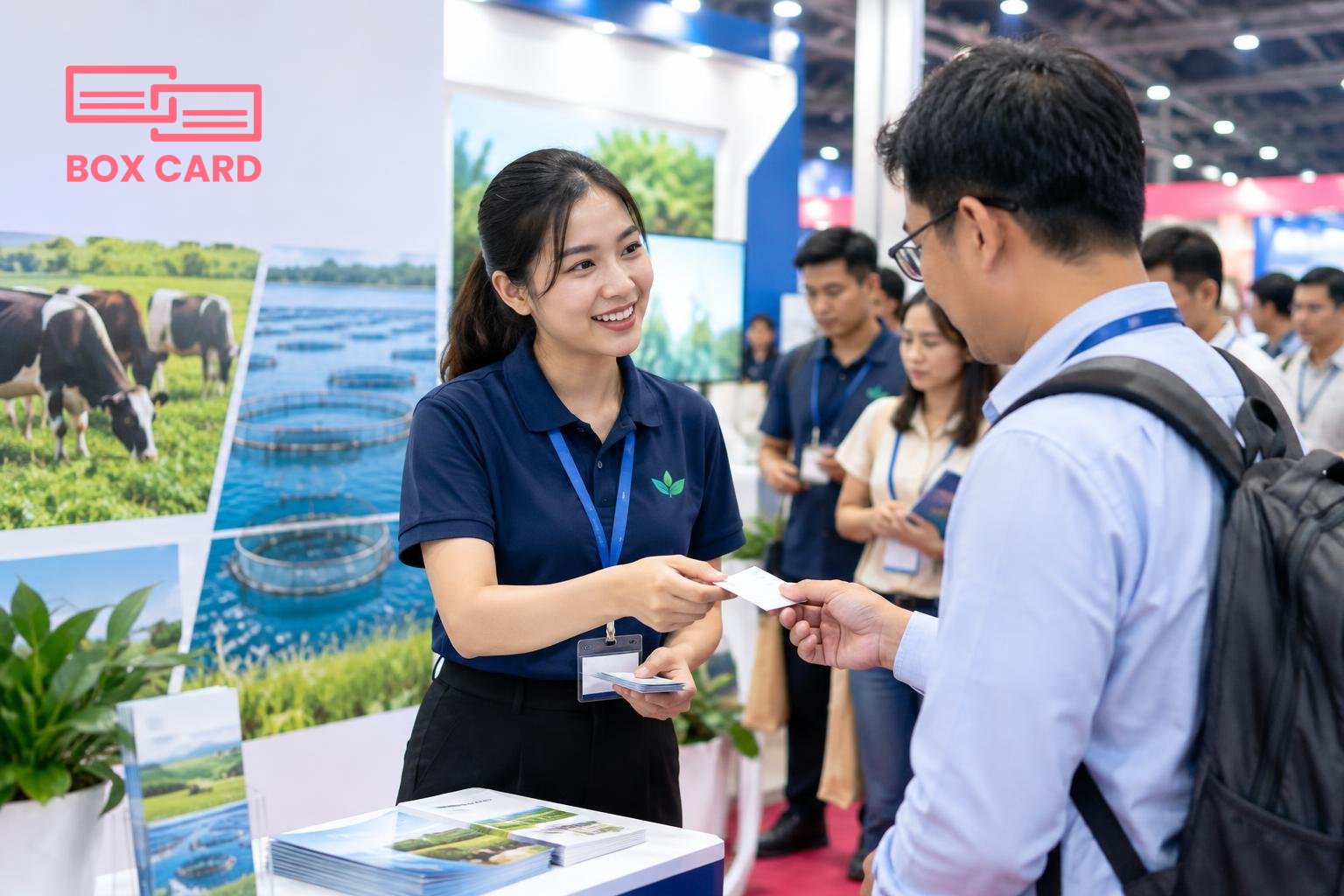Một đại diện công ty nông nghiệp trao danh thiếp cho nhà phân phối tại gian hàng triển lãm, ánh sáng hội chợ, người xếp hàng phía sau, ảnh chụp báo chí