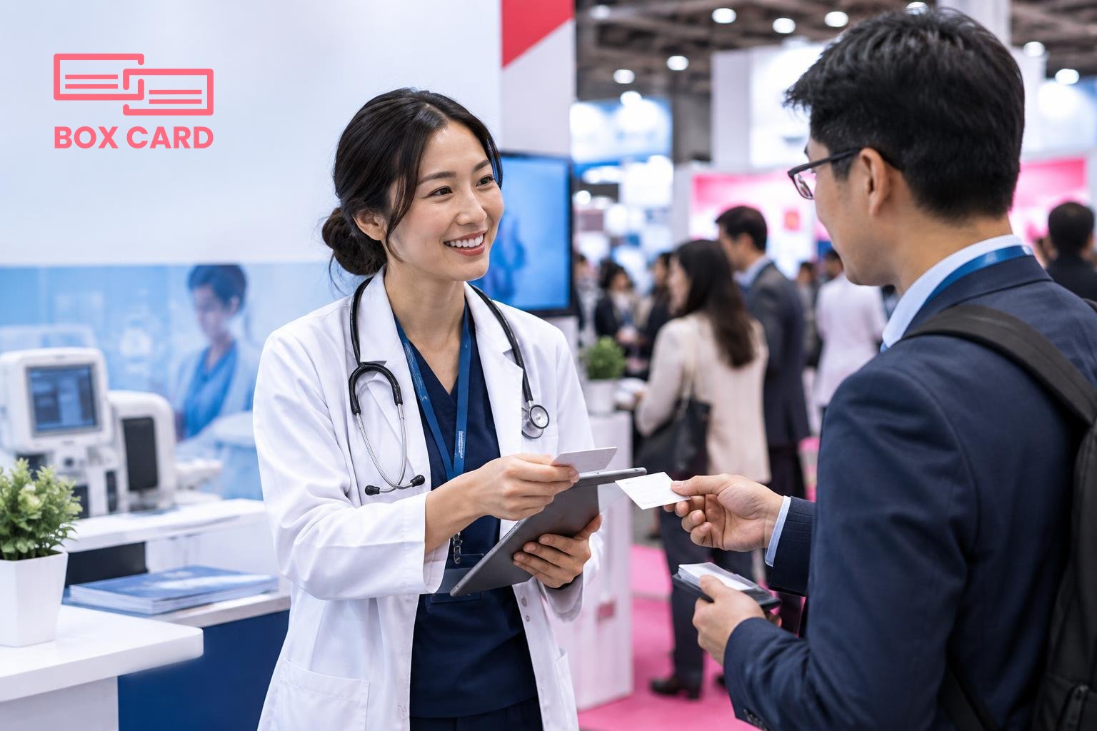 A healthcare professional at an exhibition stand exchanging business cards with a supplier, tablet showing a digitized contact app, busy trade-fair environment, editorial photograph